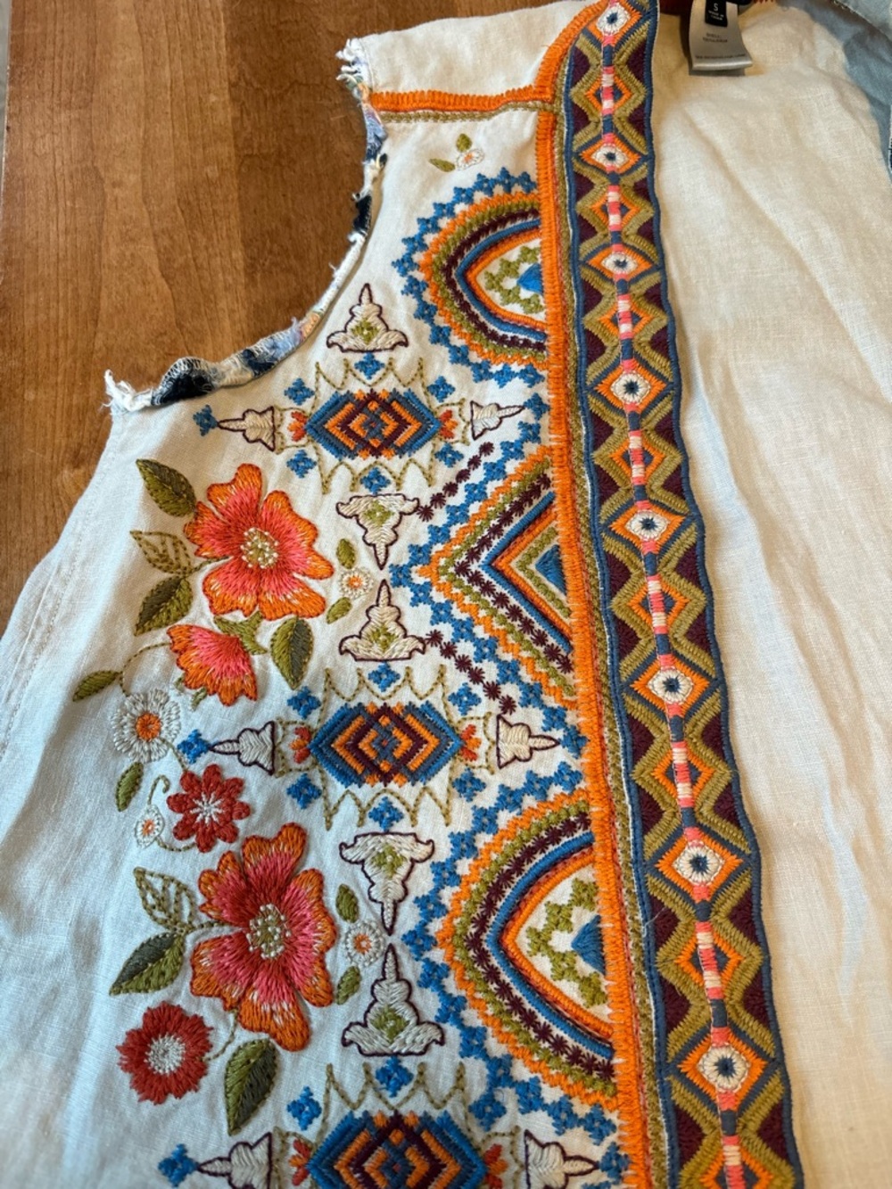 Embroidered Boho Linen Tank with Orange & Blue Accents